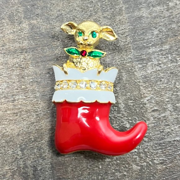 Cute Vintage Gold Tone Christmas Puppy in Stocking Red Boot Brooch Pin - Picture 5 of 9